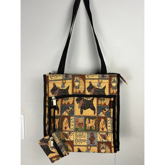 Yuhong Handbags - Yuhong Tapestry Tote Bag w/ Coin Purse Tan/Black Dog Print. Faithful Companion